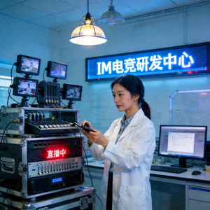 IM电竞技术负责人 - 一位女性技术专家在研发中心调试直播设备的场景
