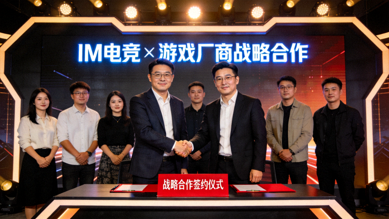 IM电竞与游戏厂商战略合作签约仪式现场照片 - 双方代表握手合影